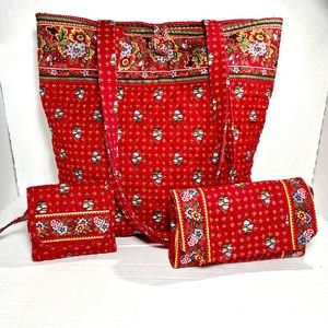 Vera Bradley RARE Provincial Red Floral Shoulder Bag Tote 3 piece set Retired